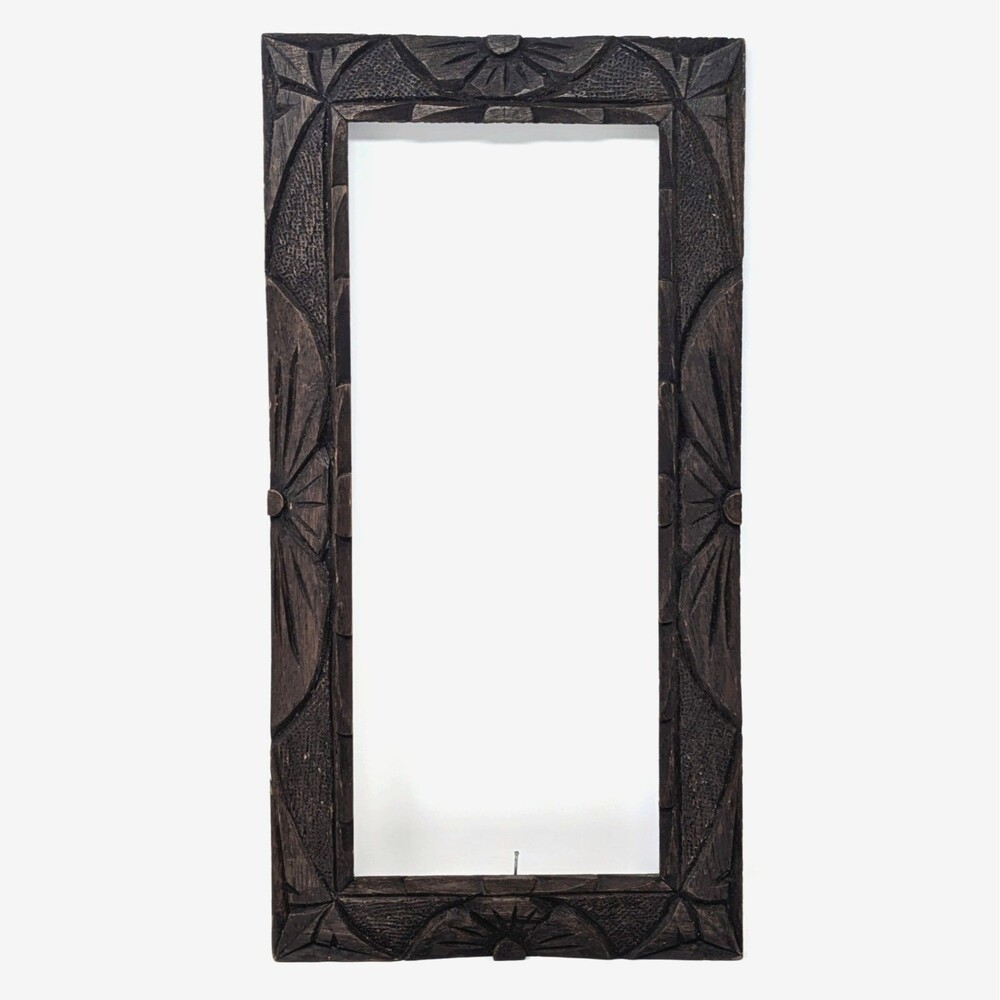 Vtg Dark Brown Carved Wood Floral Flower Long Skinny Relief Frame 8x16"